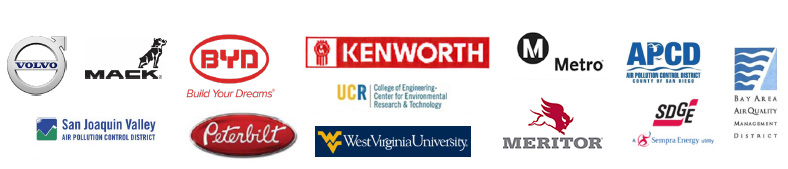 Project partner logos: Volvo, Mack, BYD, Kenworth, UCR, Metro, San Diego APCD, Bay Area AQMD,  Meritor, Sempra, West Virginia University, Peterbilt and San Joaquin APCD.  