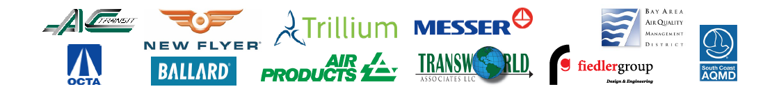 Logos of partners: Alameda-Contra Costa Transit District (AC Transit), Orange County Transportation Authority (OCTA), New Flyer, Ballard Power Systems, Messer, LLC, Trillium, Air Products, and Bay Area and South Coast Air Quality Management Districts, Transworld Associates and the Fiedler Group
