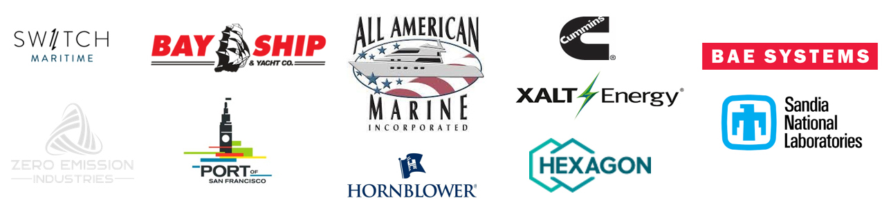 Partner logos: SWITCH Maritime, Golden Gate Zero Emission Industries, Sandia National Laboratories, All-American Marine, Bay Ship and Yacht, BAE Systems, Cummins, Xalt, and Hexagon, Hornblower and Port of San Francisco.