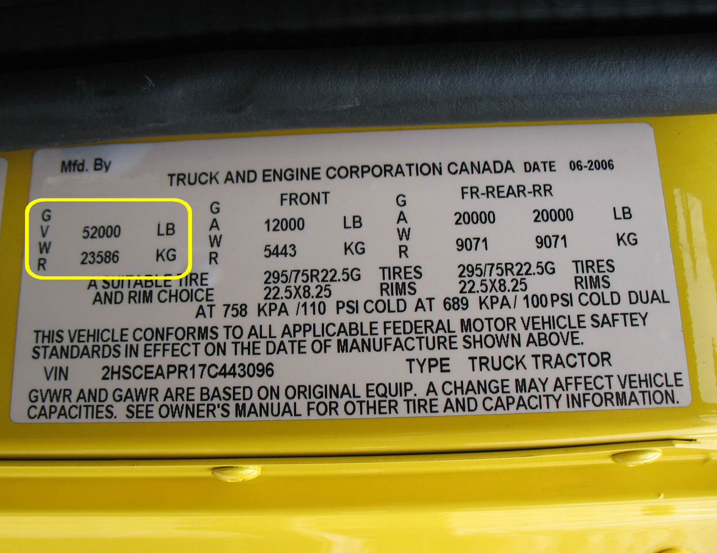 Gross Vehicle Weight Rating (GVWR) Example Photo