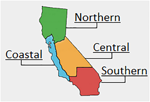 Map of California divided in to 4 regions: Northern, Coastal, Central, and Southern