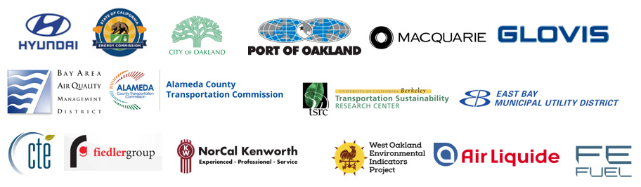Partner Logos: Hyundai Motor Company, California Energy Commission, City of Oakland, Port of Oakland, Macquarie Equipment Capital Inc., Glovis America, Bay Area Air Quality Management District, Alameda County Transportation Commission, University of California Berkeley, East Bay Municipal Utilities District, Center for Transportation and the Environment, Fiedler Group, NorCal Kenworth, West Oakland Environmental Indicators Project, Air Liquide and First Element Fuel.