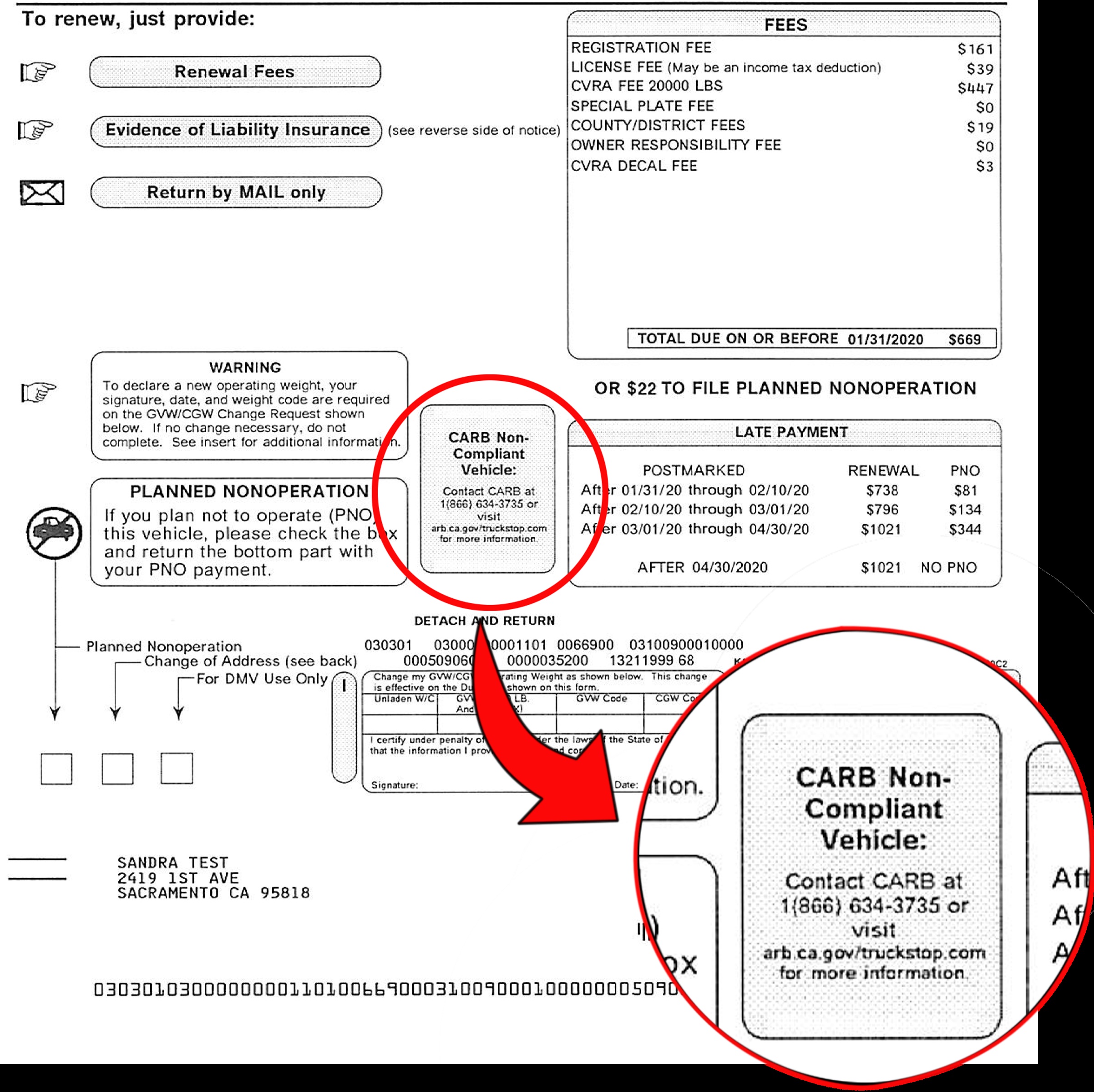 Image of example DMV Registration renewal with the CARB Non-Compliant Vehicle warning highlighted