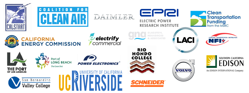 Partner Logos: Funding from Mobile Source Air Pollution Reduction Review Committee (MSRC), Port of Los Angeles, Port of Long Beach, Southern California Edison, National Freight Industries (NFI), Schneider, Daimler, Volvo, Electric Power Research Institute, CALSTART, University of California Riverside, LA Cleantech Incubator (LACI), Coalition for Clean Air, California Energy Commission, Electrify Commercial, Power Electronics, Gladstein, Neandross & Associates (GNA), Rio Hondo College and San Bernardino Valley College.