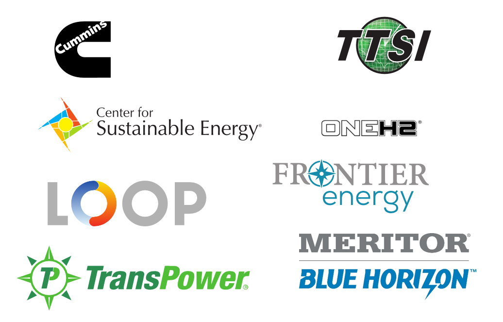 logo of Partners:  Meritor (TransPower), TTSI, Frontier Energy, Center for Sustainable Energy, Cummins (Hydrogenics), Loop Energy, and OneH2.