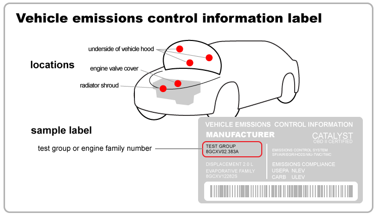 Locating vehicle Test Group or Engine Family Number