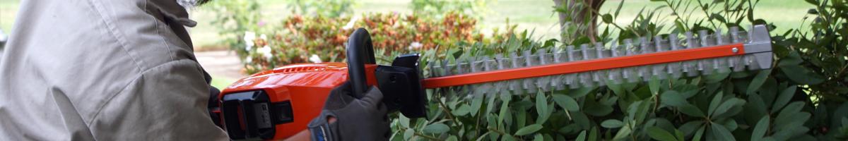 A landscaper wearing safety gear is using a hedge trimmer on a bush.