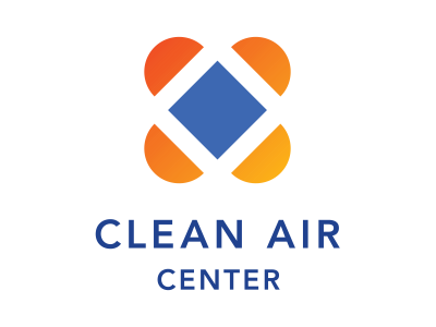 Clean Air Center logo showing blue diamond flanked on each edge by an orange half-circle