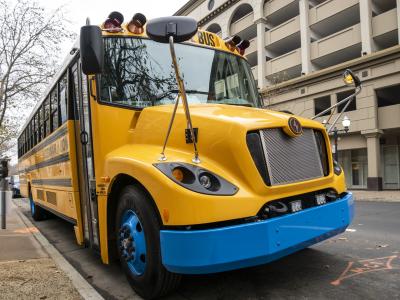 zero-emission school bus parked in downtown Sacramento