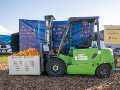 World Lithium forklift, the first zero-emissions, all-weather, lower capacity (up to 20,000 lbs) forklift that can be charged both indoors and outdoors, sits on display at the World Ag Expo Media Preview Day in Tulare, February 10, 2020.