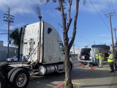 black smoke coming from heavy-duty diesel truck during PEAQS stop in Oakland
