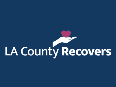 Logo for "LA County Recovers" on a dark blue background. The text is in white, underneath an illustration of a white hand holding a pink heart.