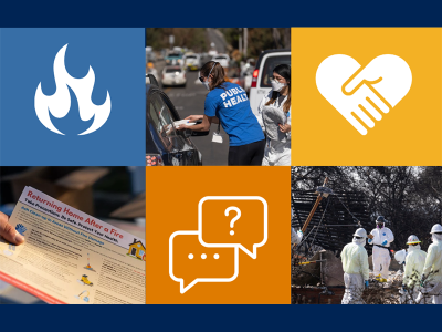 A collage of six images. The top-left square features a blue background with a white fire icon. The top-middle square shows a public health worker in a blue shirt distributing supplies to people in cars. The top-right square has a yellow background with a white heart and handshake icon. The bottom-left square depicts a close-up of a pamphlet titled 'Returning Home After a Fire.' The bottom-middle square has an orange background with white speech bubble icons. T
