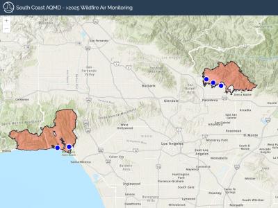 Screenshot of the South Coast AQMD 2025 Wildfire Air Monitoring dashboard. An orange overlay shows the burn scars of the Palisades and Eaton Fires on a topographic map. Several blue circles indicate locations where air monitors are collecting data.